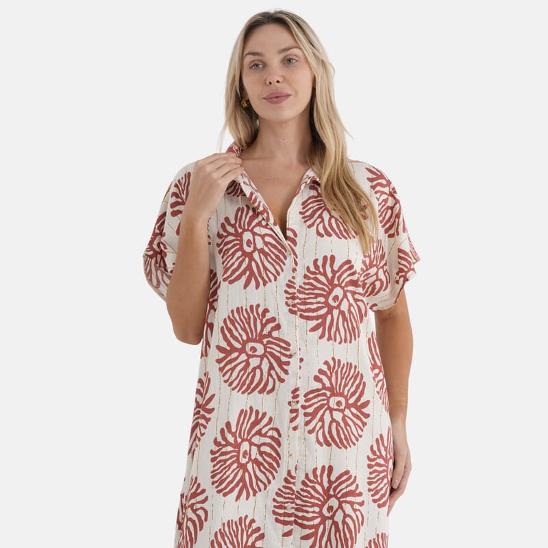 La Marey Woven Long Print Dress in White with Red Flower Pattern - One Size Fits Most
