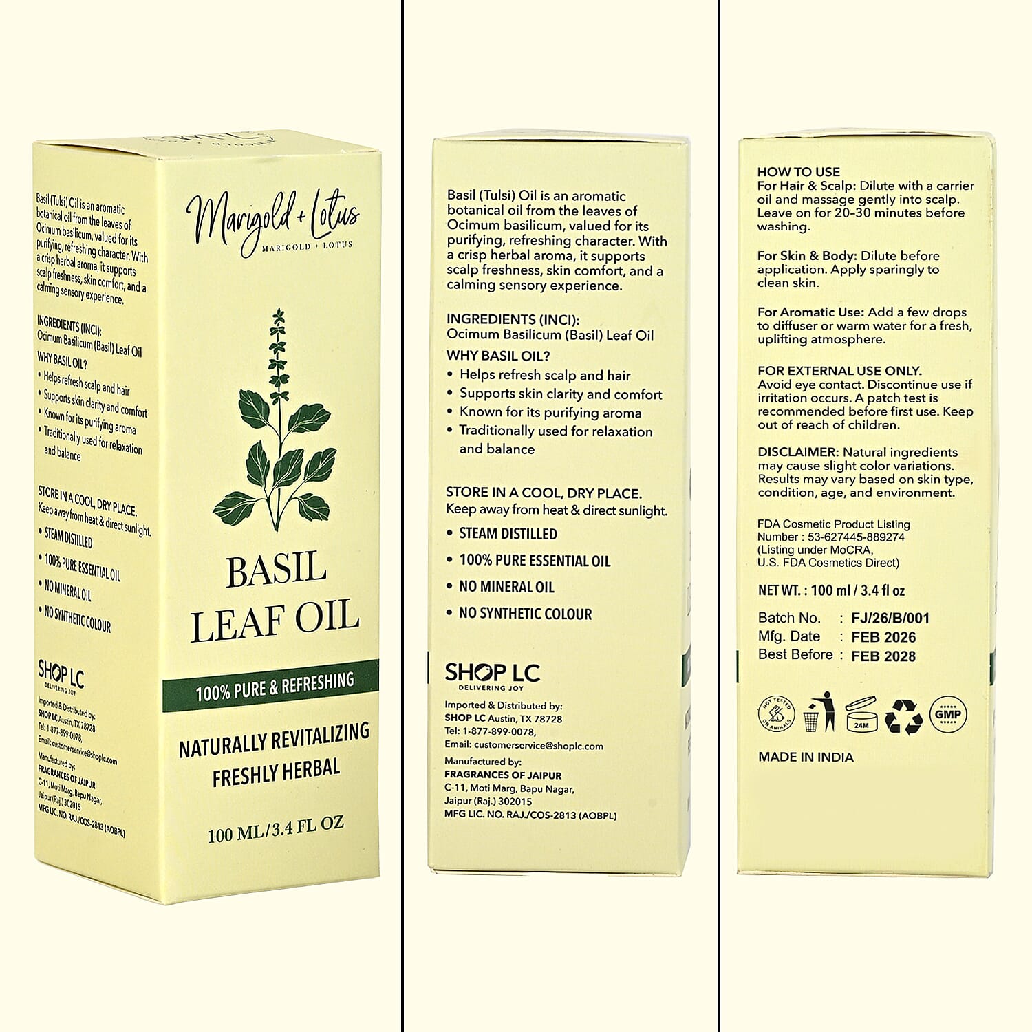 Marigold + Lotus Pure Basil Leaf Oil (3.4oz)