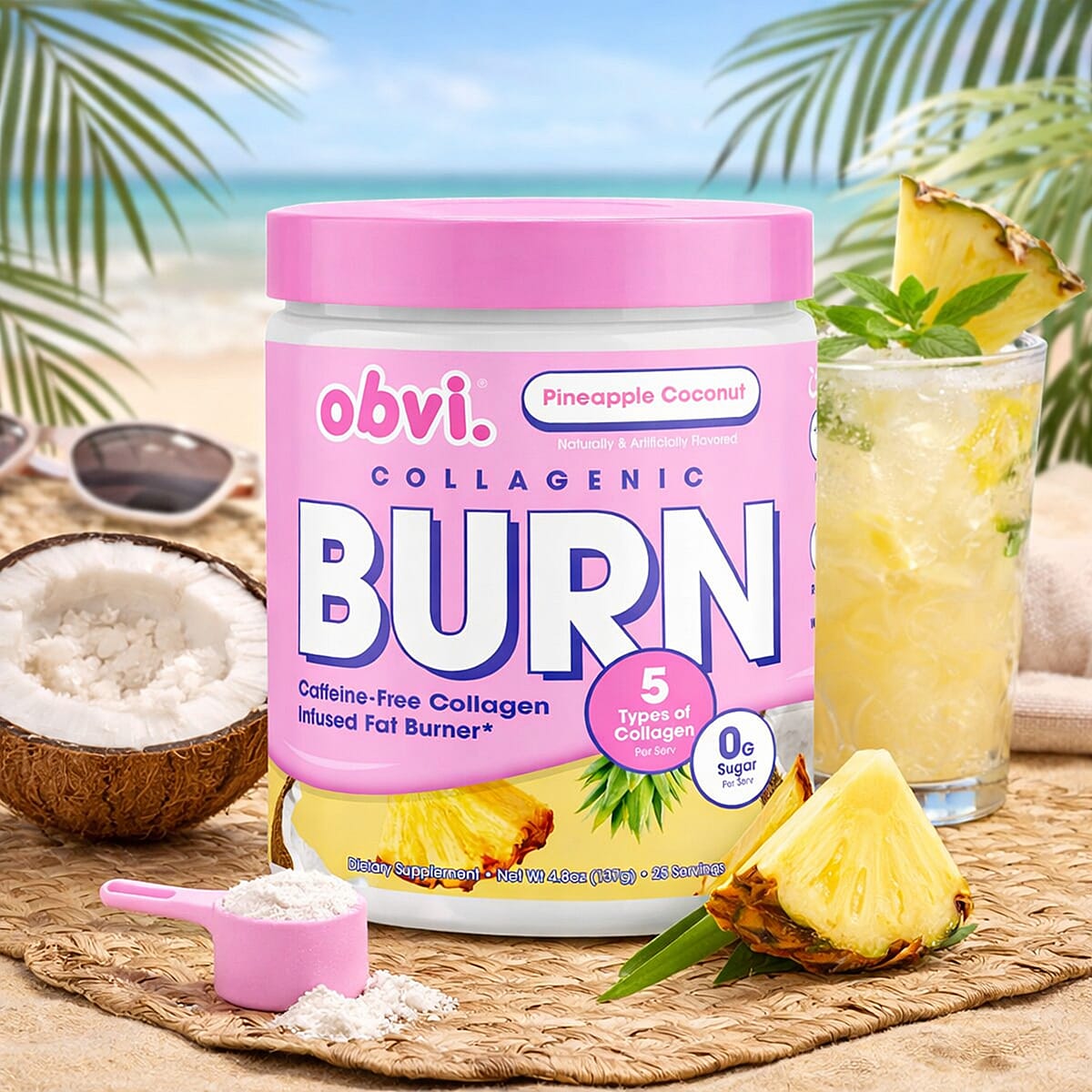 Obvi Collagenic Burn Sugar Free Fat Burner Dietary Powder- Pineapple Coconut (4.85oz) Made in US image number 2