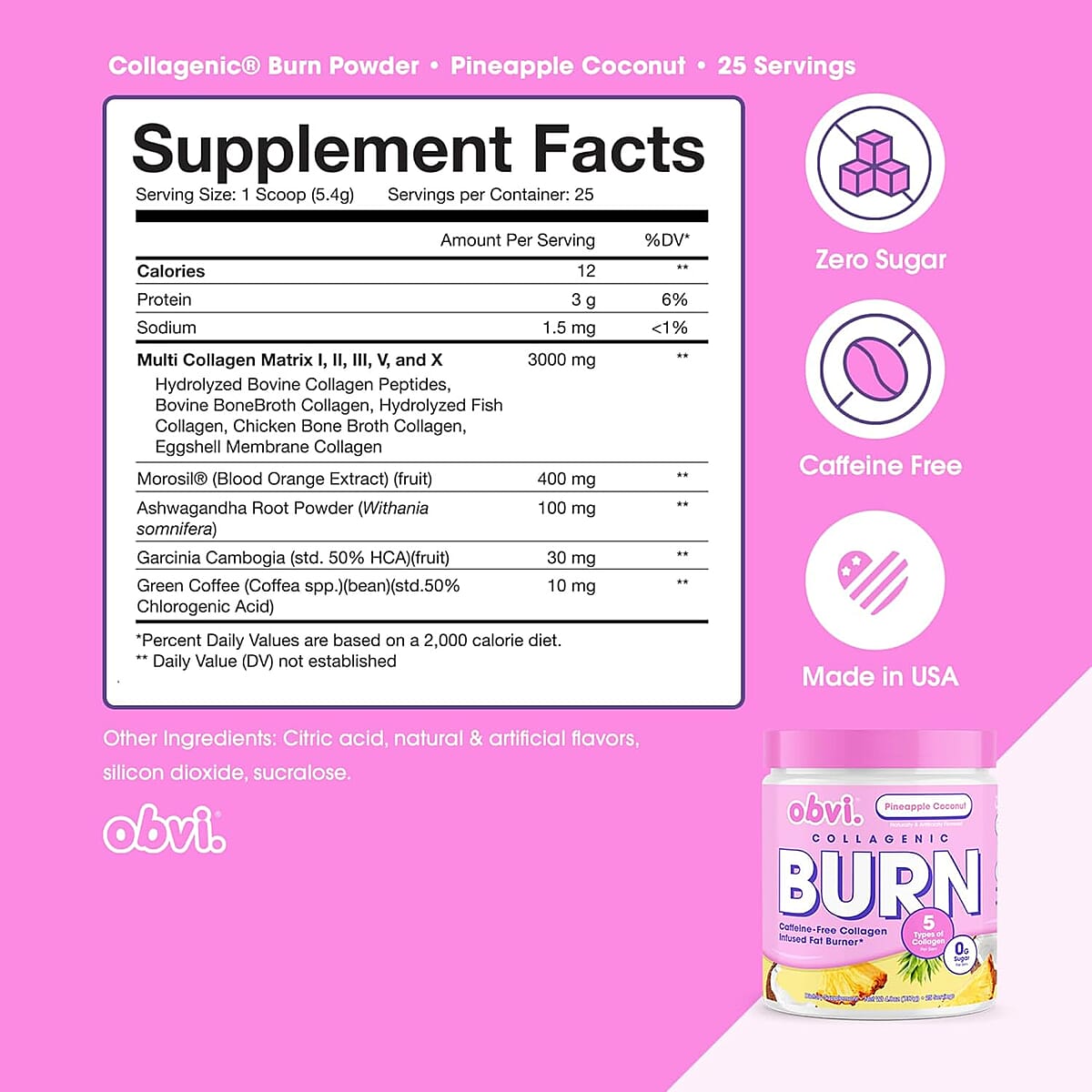 Obvi Collagenic Burn Sugar Free Fat Burner Dietary Powder- Pineapple Coconut (4.85oz) Made in US image number 5