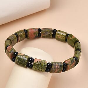 Unakite and Thai Black Spinel 109.00 ctw Beaded Stretch Bracelet