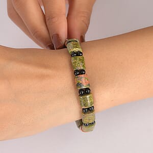 Unakite and Thai Black Spinel 109.00 ctw Beaded Stretch Bracelet