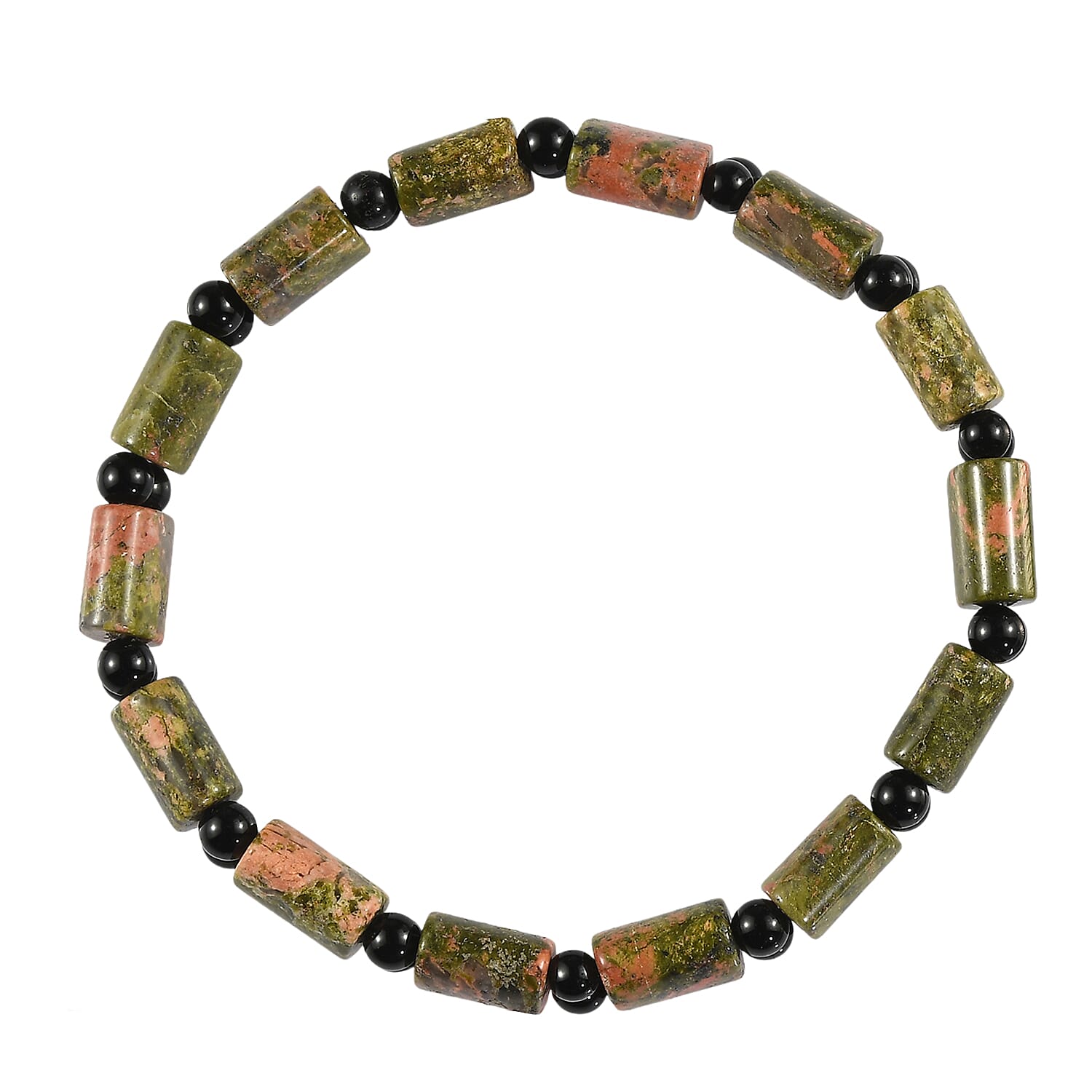 Unakite and Thai Black Spinel 109.00 ctw Beaded Stretch Bracelet