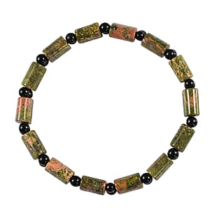 Unakite and Thai Black Spinel 109.00 ctw Beaded Stretch Bracelet