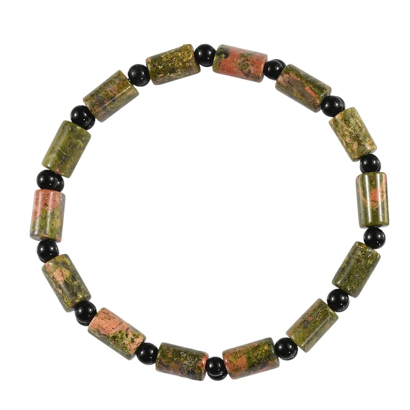 Unakite and Thai Black Spinel 109.00 ctw Beaded Stretch Bracelet