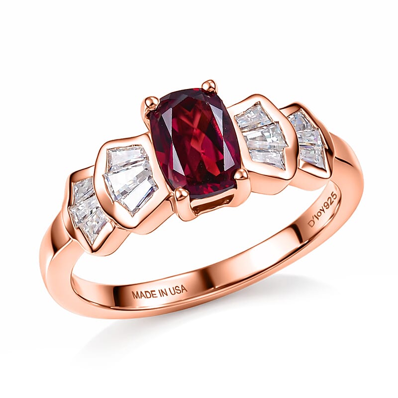 D'Joy Premium Malawi Magenta Garnet and Moissanite 1.85 ctw Deco Flair Ring in 18K Vermeil Rose Gold Over Sterling Silver (Size 5.0)