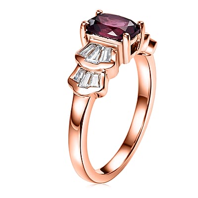 D'Joy Premium Malawi Magenta Garnet and Moissanite 1.85 ctw Deco Flair Ring in 18K Vermeil Rose Gold Over Sterling Silver (Size 5.0)