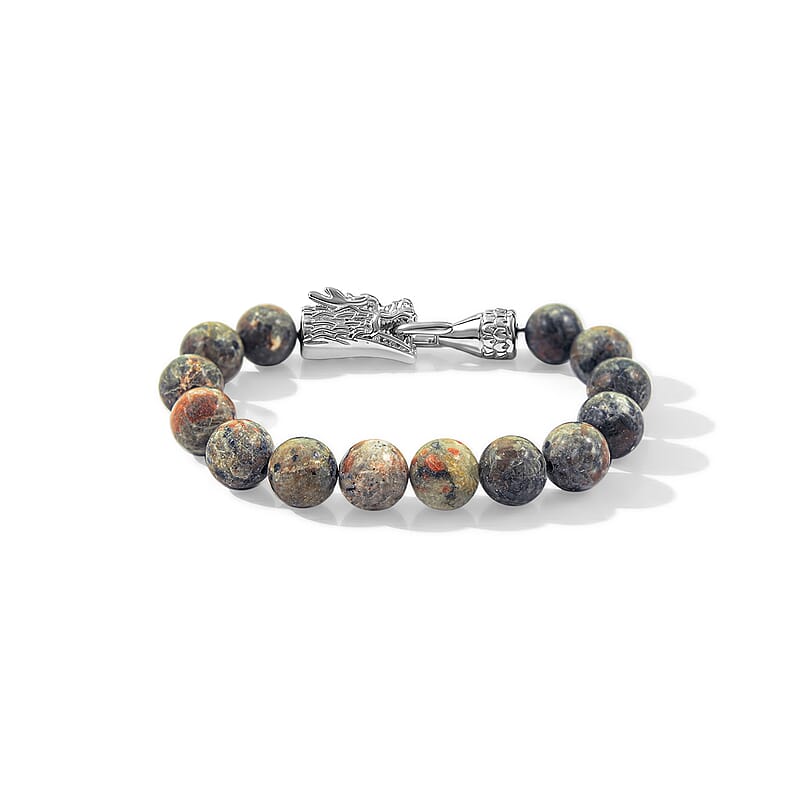 Natural Yooperlite 130.00 ctw Beaded Dragon Bracelet in Stainless Steel (7.50 In) with Free UV Flash Light