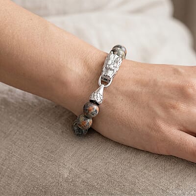 Natural Yooperlite 130.00 ctw Beaded Dragon Bracelet in Stainless Steel (7.50 In) with Free UV Flash Light
