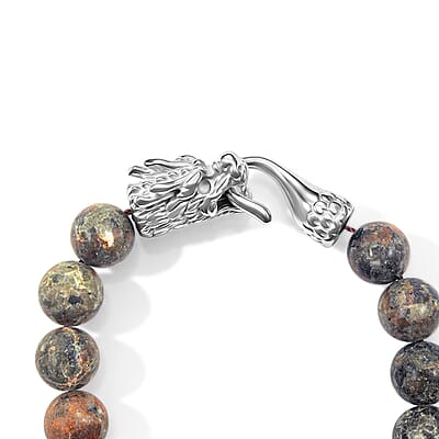Natural Yooperlite 130.00 ctw Beaded Dragon Bracelet in Stainless Steel (7.50 In) with Free UV Flash Light