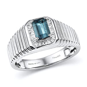 D'Joy Premium Monte Belo Indicolite and Diamond 0.85 ctw Gilded Royal Regime Men's Ring in Rhodium Over Sterling Silver (Size 10.0)