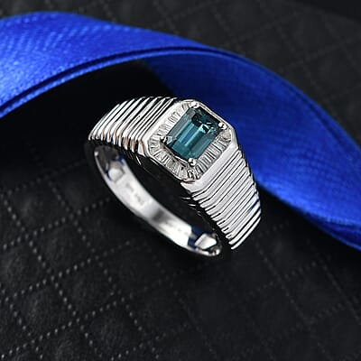 D'Joy Premium Monte Belo Indicolite and Diamond 0.85 ctw Gilded Royal Regime Men's Ring in Rhodium Over Sterling Silver (Size 10.0)