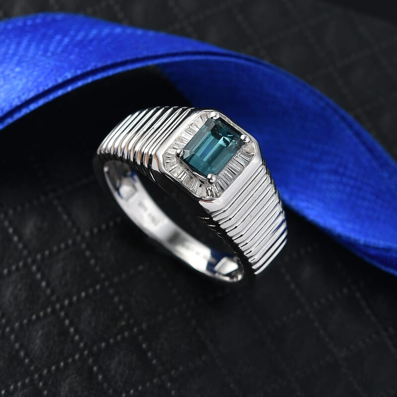 D'Joy Premium Monte Belo Indicolite and Diamond 0.85 ctw Gilded Royal Regime Men's Ring in Rhodium Over Sterling Silver (Size 10.0)