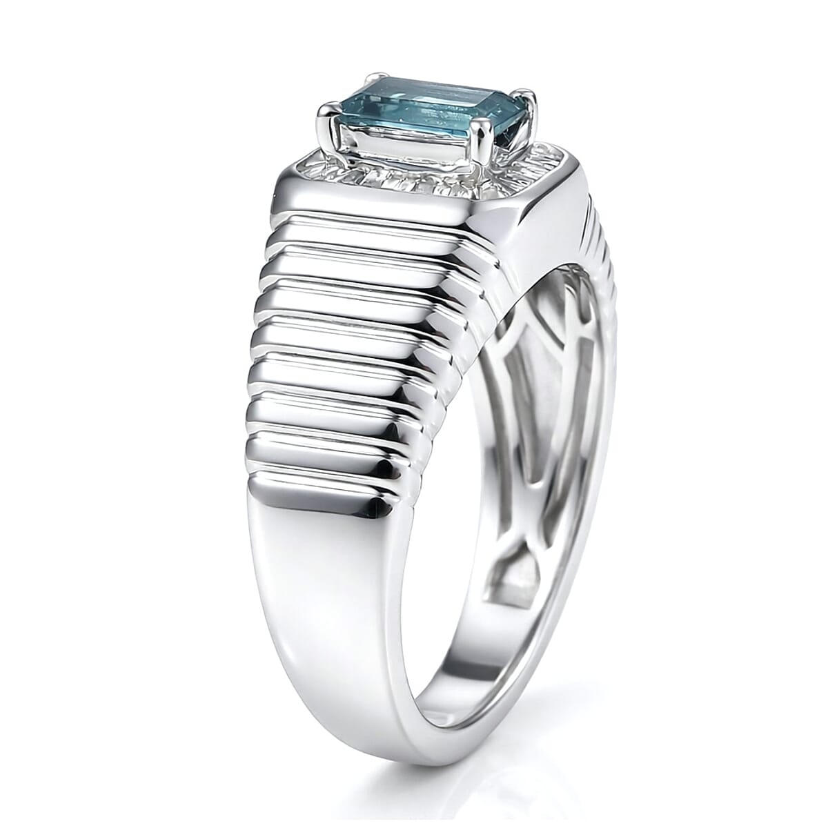 D'Joy Premium Monte Belo Indicolite and Diamond 0.85 ctw Gilded Royal Regime Men's Ring in Rhodium Over Sterling Silver (Size 10.0) image number 3