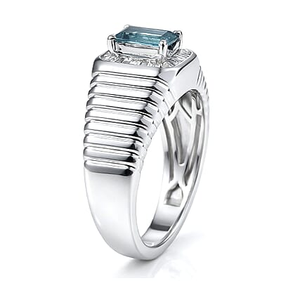 D'Joy Premium Monte Belo Indicolite and Diamond 0.85 ctw Gilded Royal Regime Men's Ring in Rhodium Over Sterling Silver (Size 10.0)
