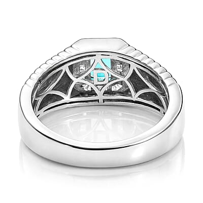D'Joy Premium Monte Belo Indicolite and Diamond 0.85 ctw Gilded Royal Regime Men's Ring in Rhodium Over Sterling Silver (Size 10.0)