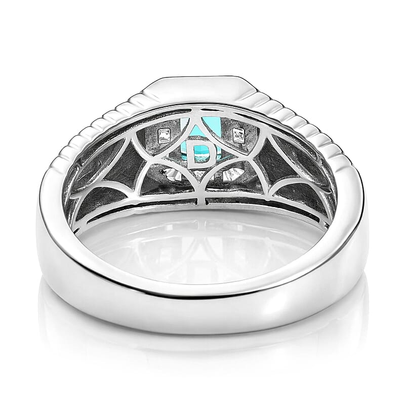 D'Joy Premium Monte Belo Indicolite and Diamond 0.85 ctw Gilded Royal Regime Men's Ring in Rhodium Over Sterling Silver (Size 10.0)