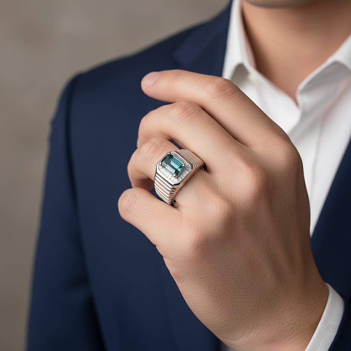 D'Joy Premium Monte Belo Indicolite and Diamond 0.85 ctw Gilded Royal Regime Men's Ring in Rhodium Over Sterling Silver (Size 11.0) image number 2