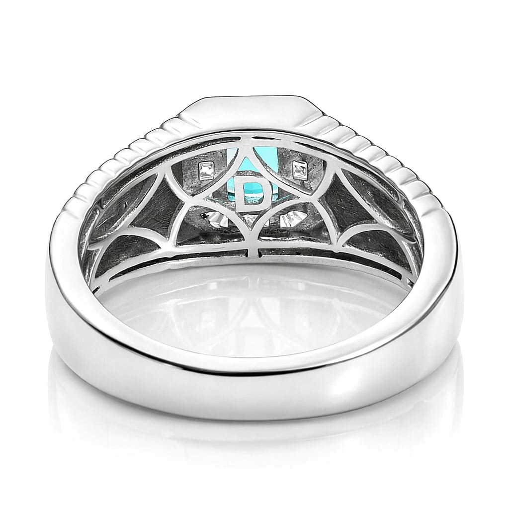 D'Joy Premium Monte Belo Indicolite and Diamond 0.85 ctw Gilded Royal Regime Men's Ring in Rhodium Over Sterling Silver (Size 11.0)