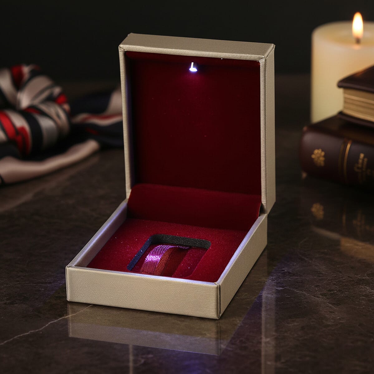 Golden Faux Leather and Rose Red Velvet LED Light Packaging Box image number 1