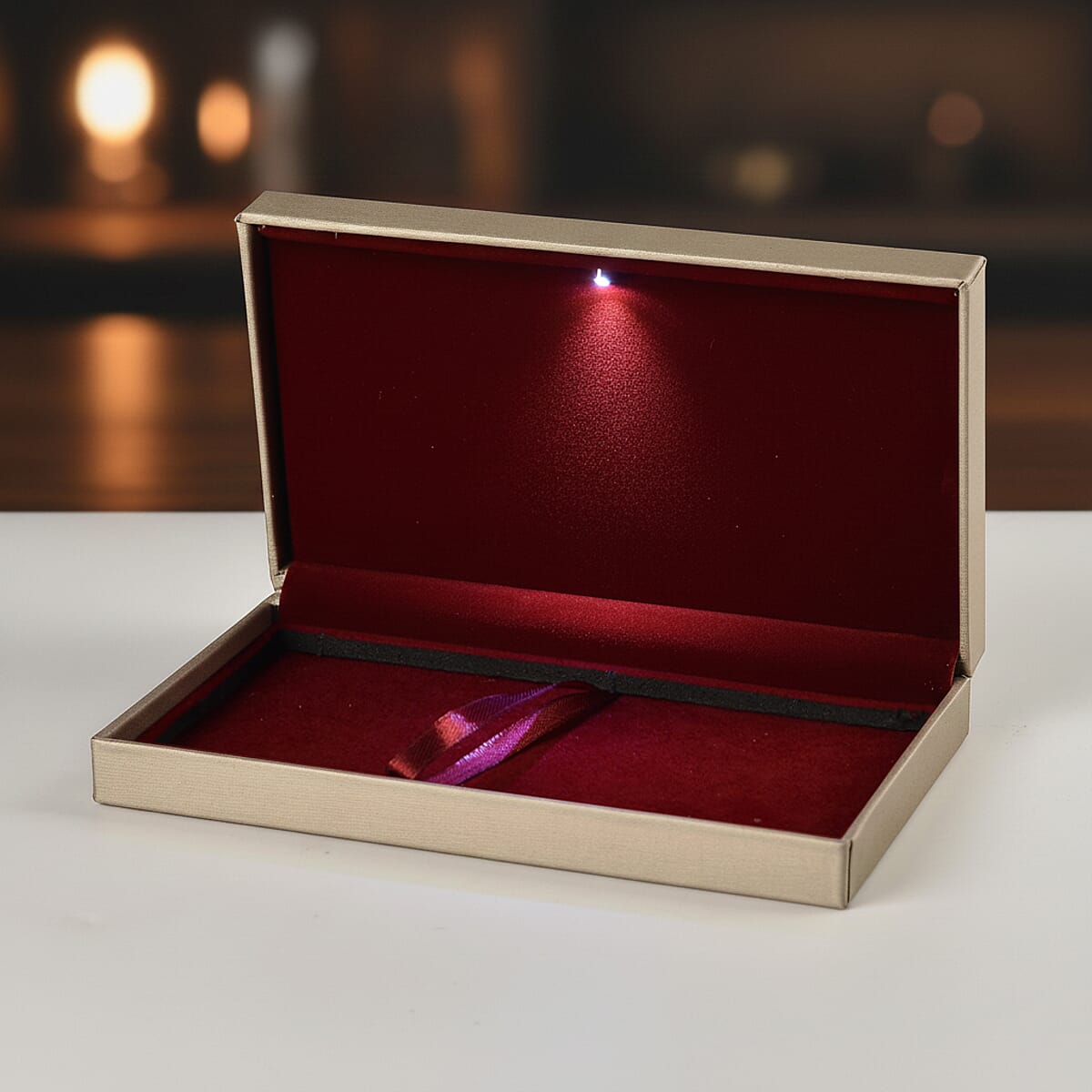 Golden Faux Leather and Rose Red Velvet LED Light Packaging Box image number 1