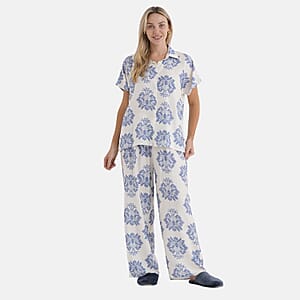 La Marey White Blue Viscose 2 Piece Lounge Set - S/M