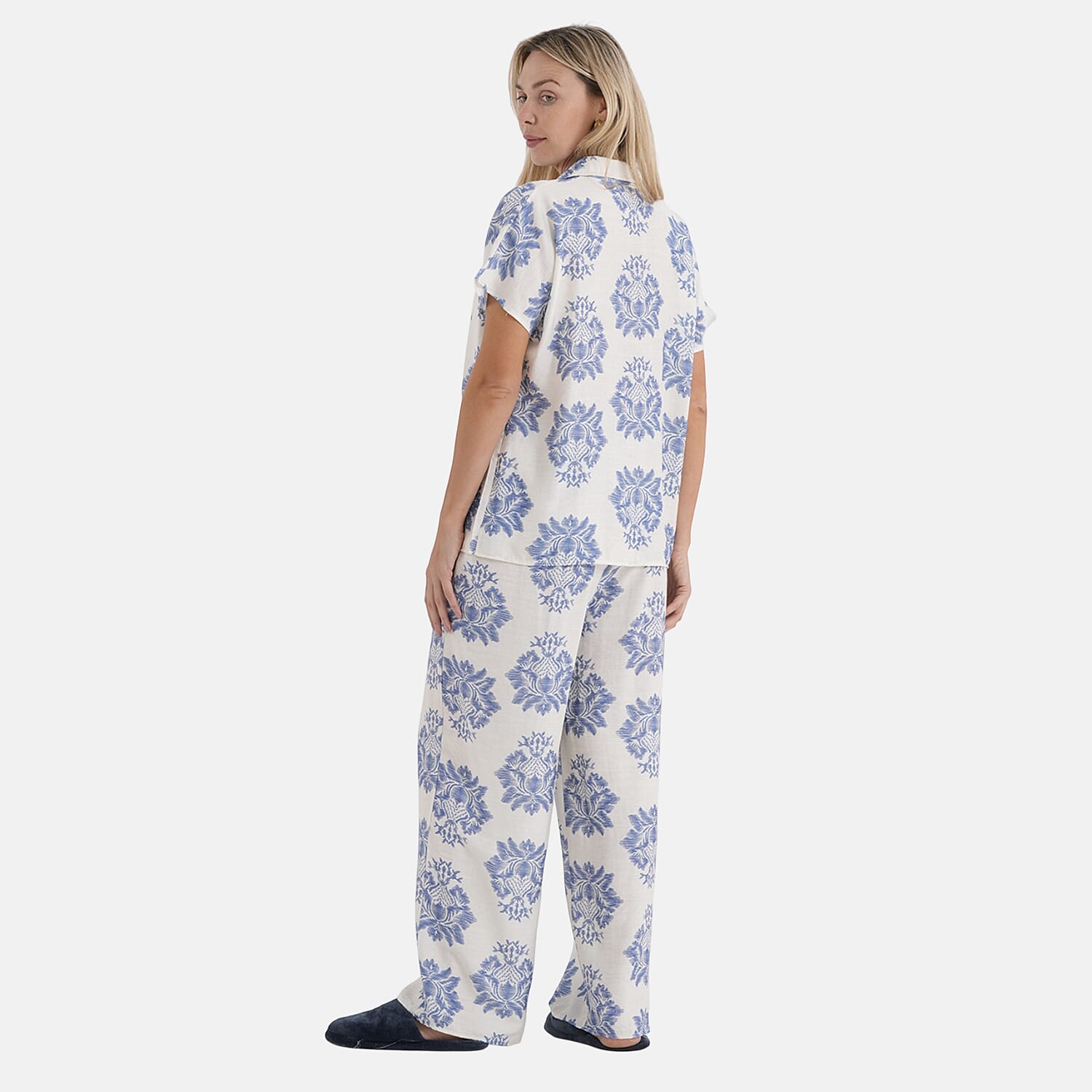 La Marey White Blue Viscose 2 Piece Lounge Set - S/M