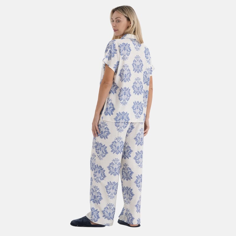 La Marey White Blue Viscose 2 Piece Lounge Set - S/M