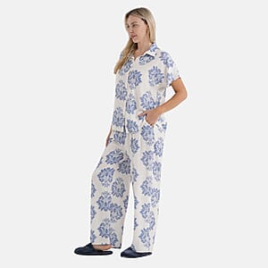 La Marey White Blue Viscose 2 Piece Lounge Set - S/M