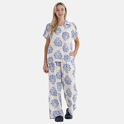 La Marey White Blue Viscose 2 Piece Lounge Set - S/M