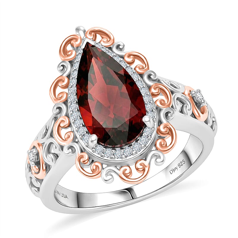 D'Joy Premium Mozambique Garnet and Moissanite 3.60 ctw Flame Muse Ring in 18K Vermeil Rose Gold and Rhodium Over Sterling Silver (Size 6.0)