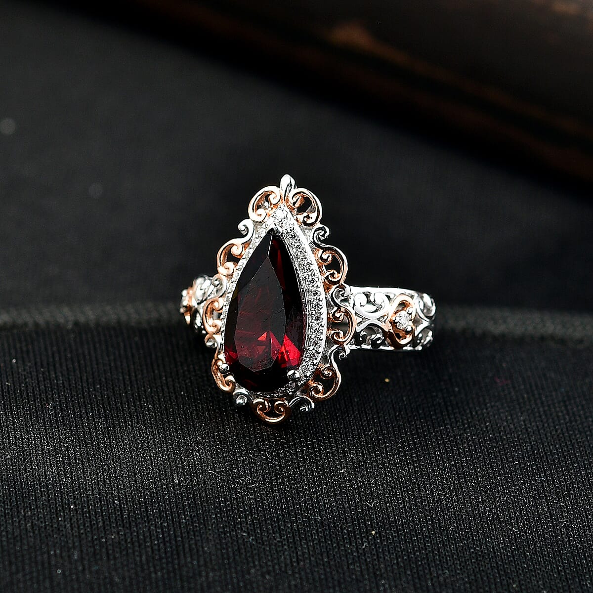 D'Joy Premium Mozambique Garnet and Moissanite 3.60 ctw Flame Muse Ring in 18K Vermeil Rose Gold and Rhodium Over Sterling Silver (Size 6.0) image number 1
