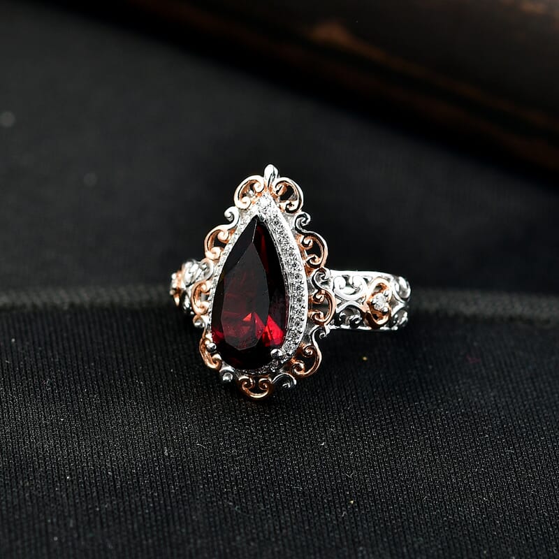 D'Joy Premium Mozambique Garnet and Moissanite 3.60 ctw Flame Muse Ring in 18K Vermeil Rose Gold and Rhodium Over Sterling Silver (Size 6.0)
