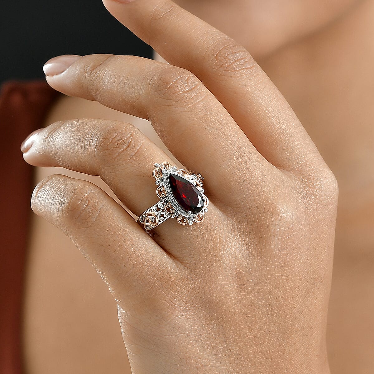 D'Joy Premium Mozambique Garnet and Moissanite 3.60 ctw Flame Muse Ring in 18K Vermeil Rose Gold and Rhodium Over Sterling Silver (Size 6.0) image number 2