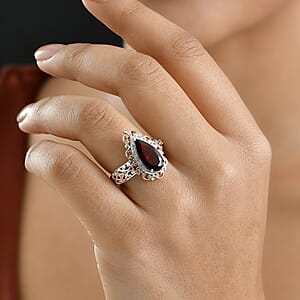D'Joy Premium Mozambique Garnet and Moissanite 3.60 ctw Flame Muse Ring in 18K Vermeil Rose Gold and Rhodium Over Sterling Silver (Size 6.0)