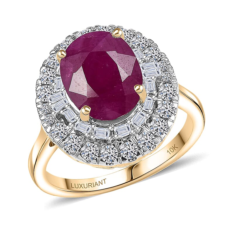 Certified & Appraised AAA Montepuez Ruby, Diamond (G-H, SI) Ballerina Halo Ring in 10K Yellow Gold 4.75 ctw (Size 12.0)
