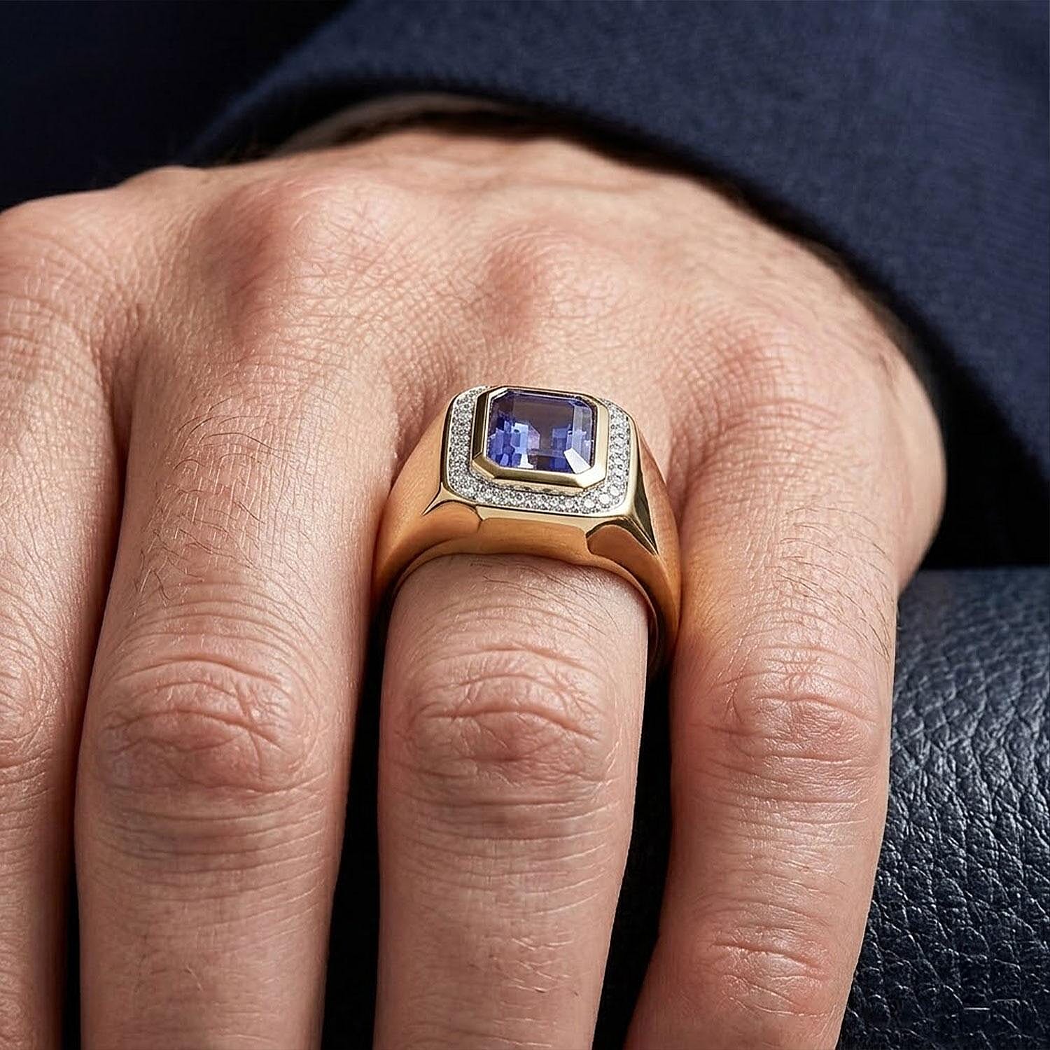 Luxoro Premium Tanzanite and I2 Diamond 2.90 ctw Crowned Titan Men's Ring in 14K Yellow Gold (Size 13.0) 7.55 Grams