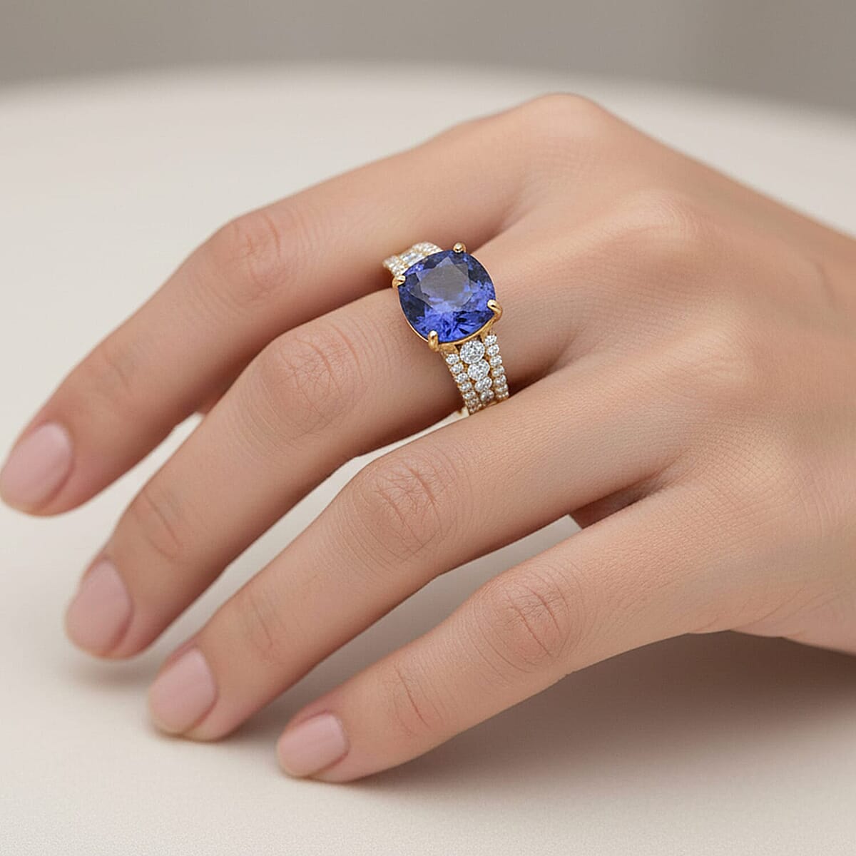 Doorbuster Premium Tanzanite and Luxuriant Lab Grown Diamond G-H SI 2.35 ctw Royal Regency Ring in 10K Yellow Gold (Size 7.5) image number 2