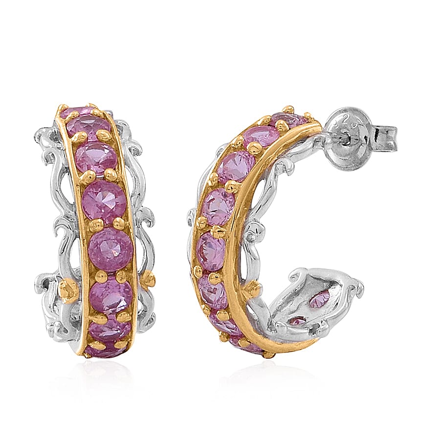 Madagascar Pink Sapphire 3.30 ctw Half Hoop Earrings in 14K YG and Platinum Over Sterling Silver