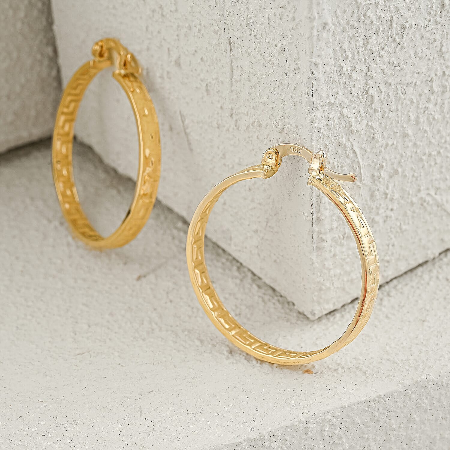 10K Yellow Gold Greek Key Hoop Earrings 3.32 Grams