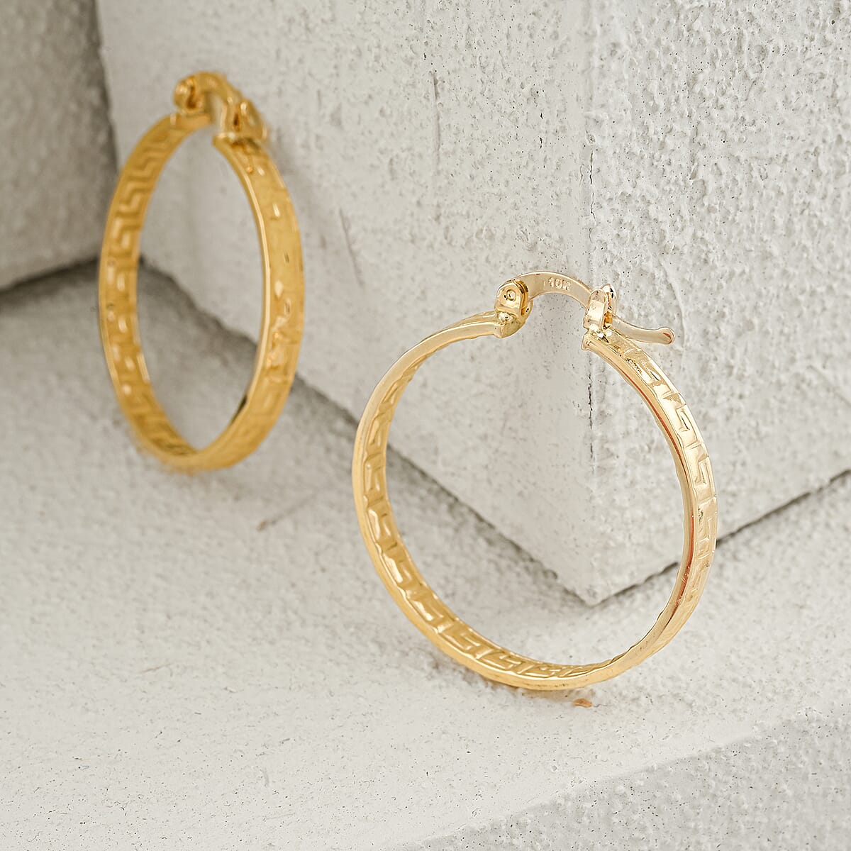 10K Yellow Gold Greek Key Hoop Earrings 3.32 Grams image number 1