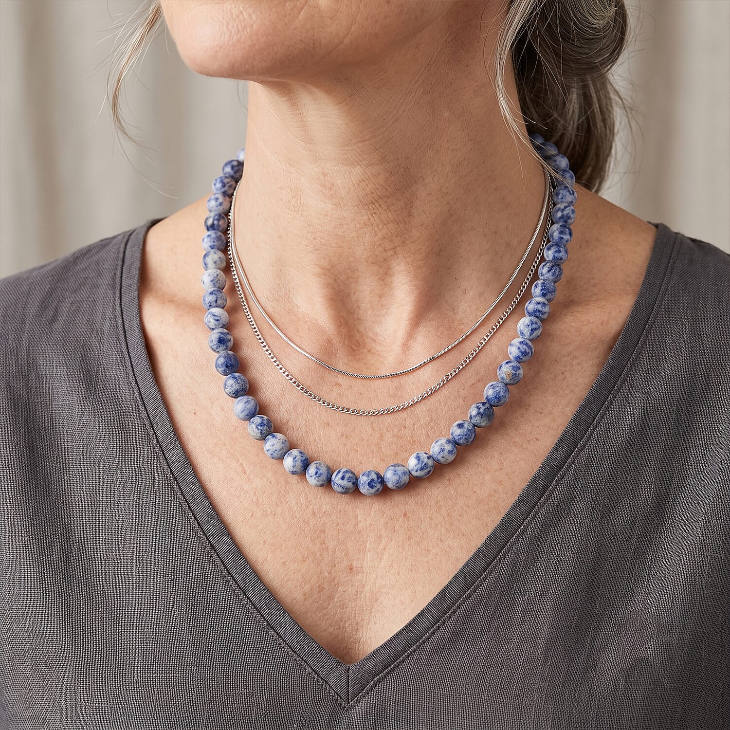 Blue Point Jasper Beaded Necklace in Sterling Silver 288.70 ctw (18 Inches)