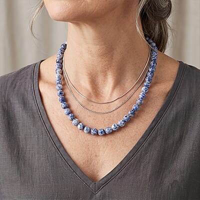 Blue Point Jasper Beaded Necklace in Sterling Silver 288.70 ctw (18 Inches)