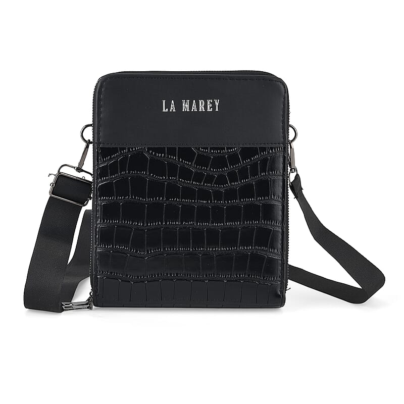 La Marey Black Faux Leather Linear Texture Phonebag with Shoulder Strap