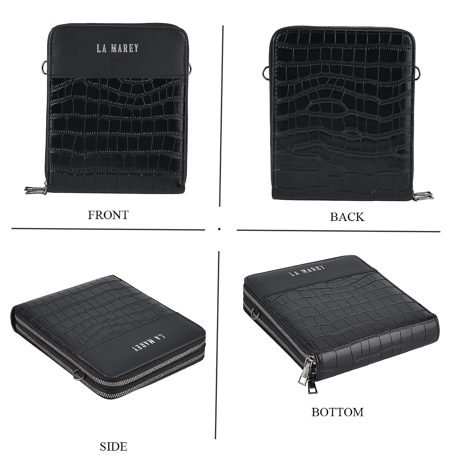 La Marey Black Faux Leather Linear Texture Phonebag with Shoulder Strap