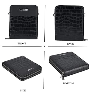 La Marey Black Faux Leather Linear Texture Phonebag with Shoulder Strap
