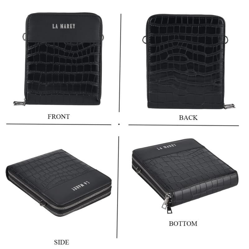 La Marey Black Faux Leather Linear Texture Phonebag with Shoulder Strap