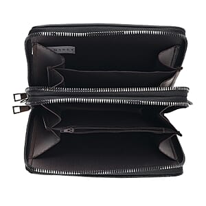 La Marey Black Faux Leather Linear Texture Phonebag with Shoulder Strap