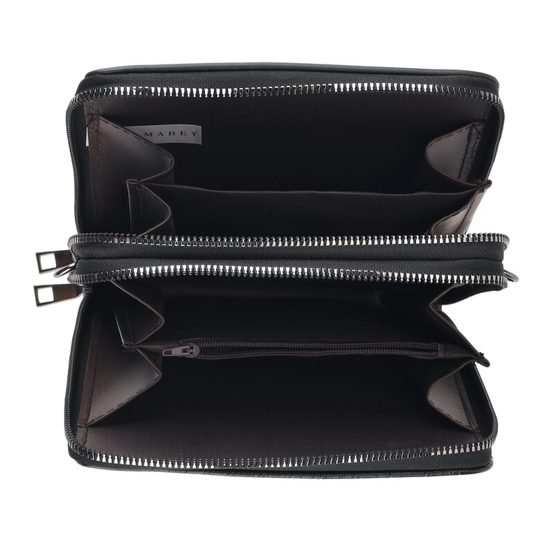 La Marey Black Faux Leather Linear Texture Phonebag with Shoulder Strap