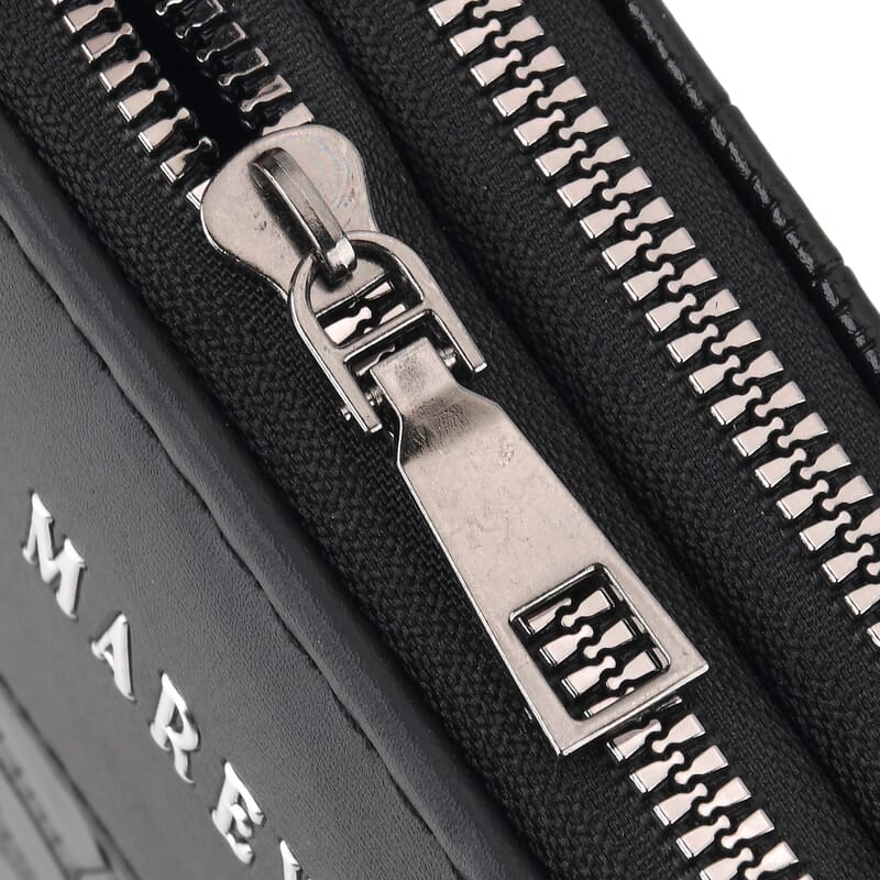 La Marey Black Faux Leather Linear Texture Phonebag with Shoulder Strap